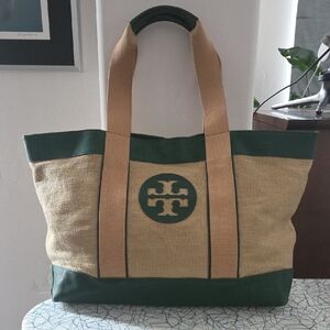 Tory Burch Green and Beige Woven Tote Bag With Green Leather Accents